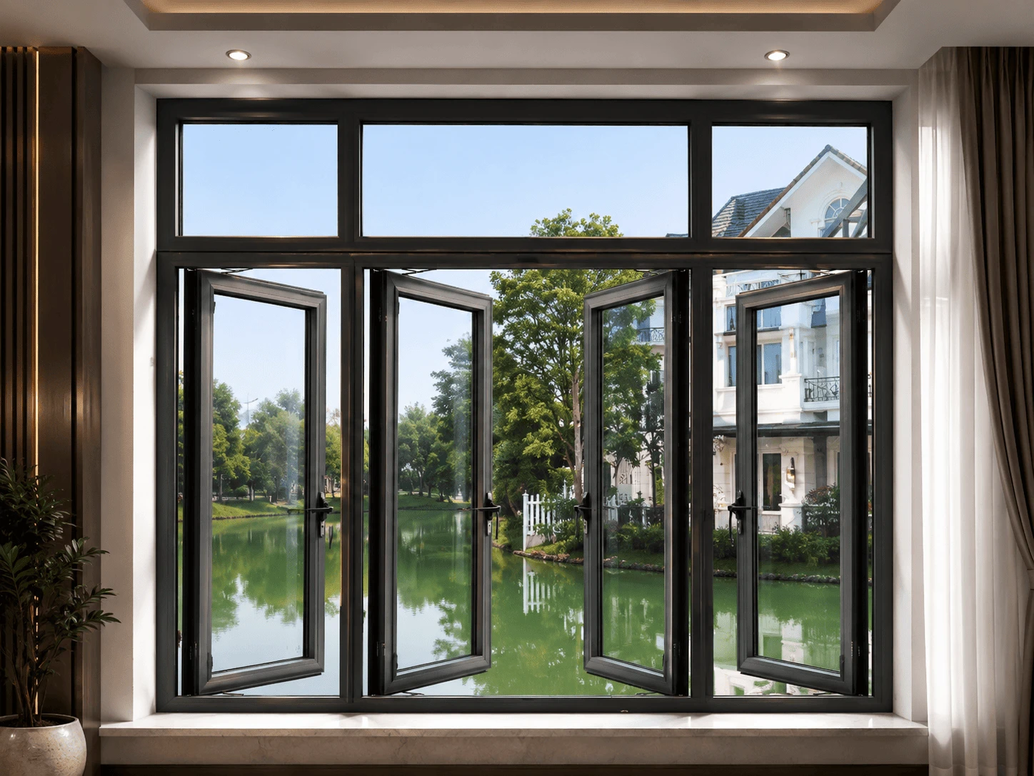Cửa sổ nhôm kính mở quay với khả năng thông gió tối đa nhờ góc rộng đến 90 độ, đảm bảo độ kín cao giúp cách âm, cách nhiệt tốt